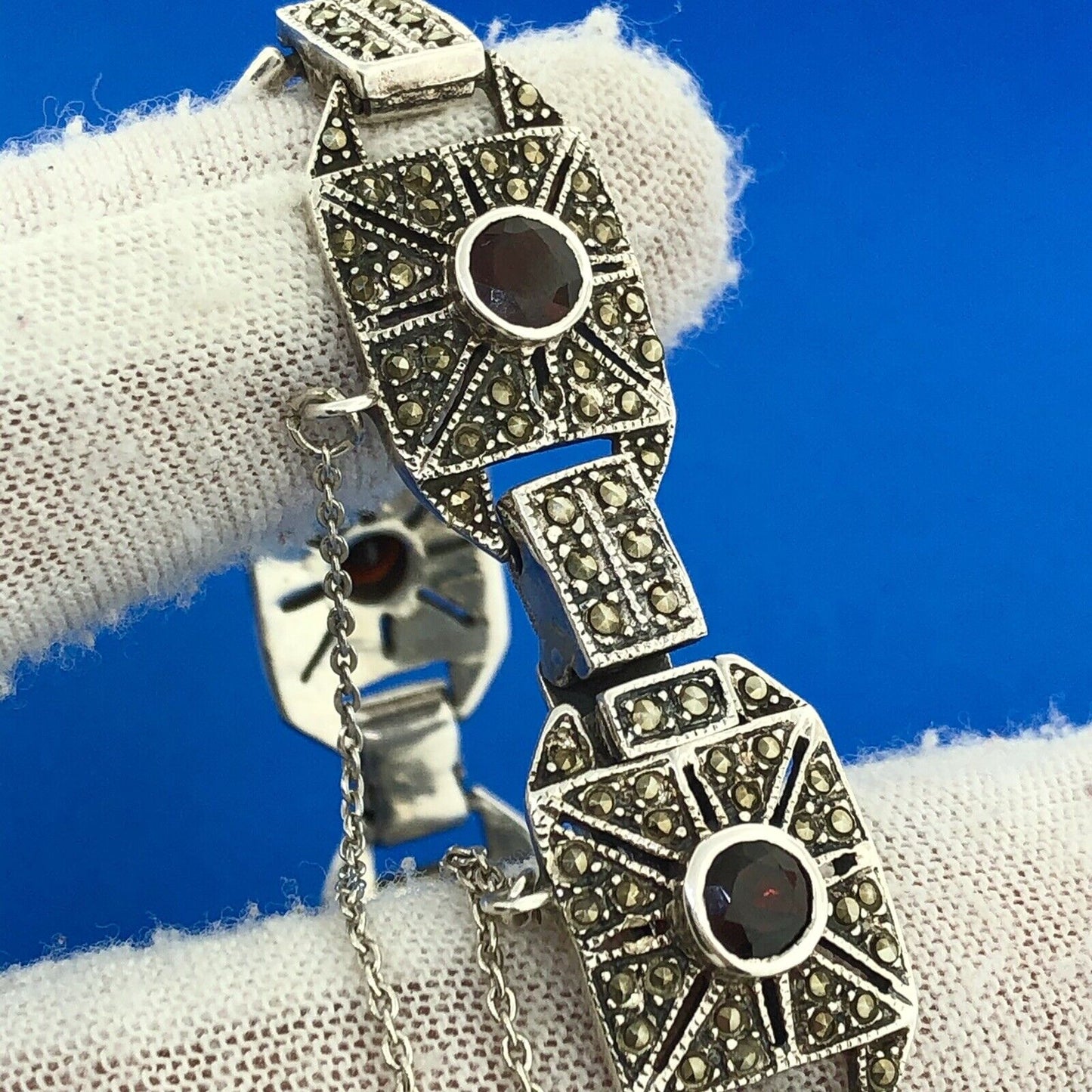 Stunning Sterling Silver 925 Garnet Marcasite Panel Link 6.75" Tennis Bracelet