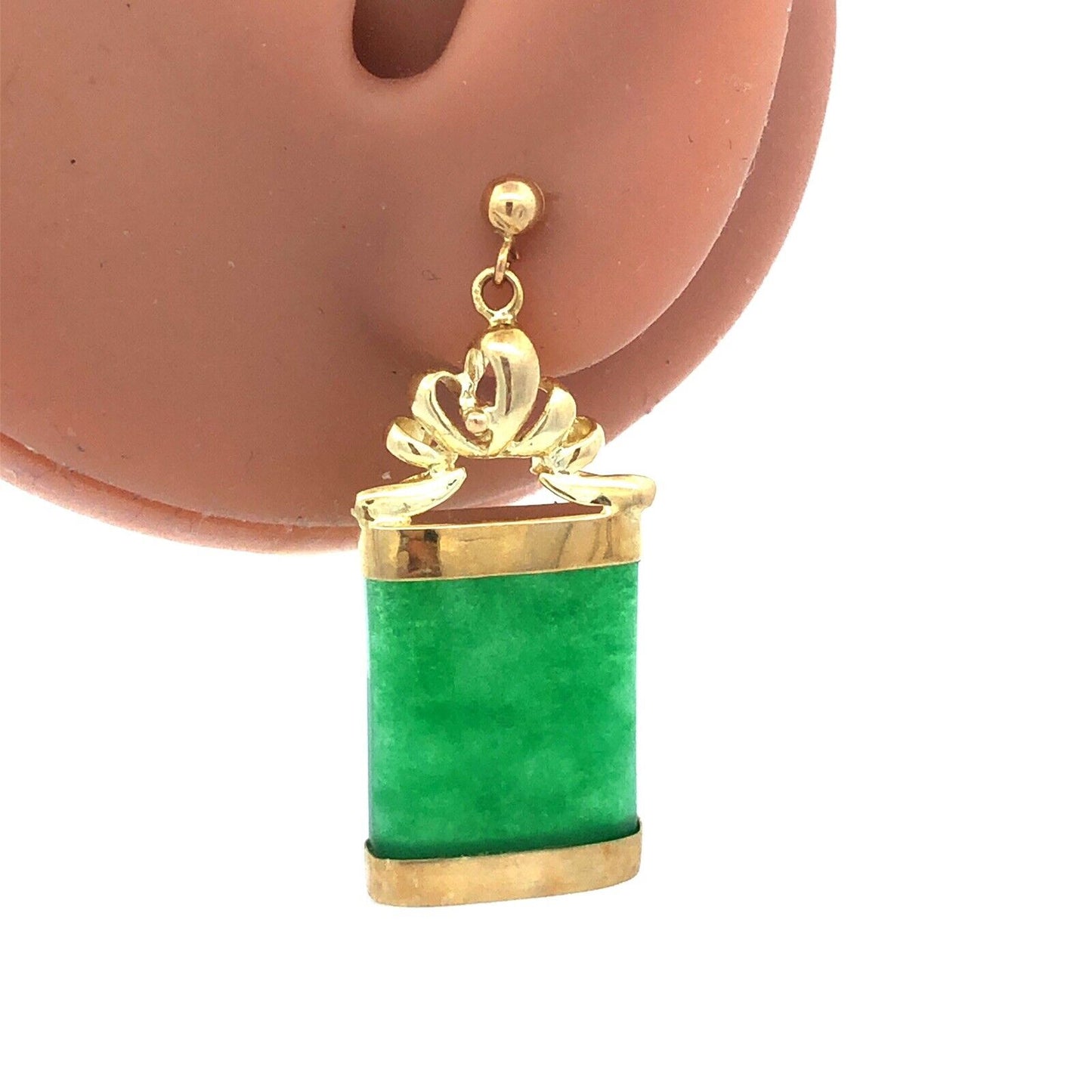 Estate 14K Yellow Gold Green Jade Rectangle Drop Dangle Stud Earrings