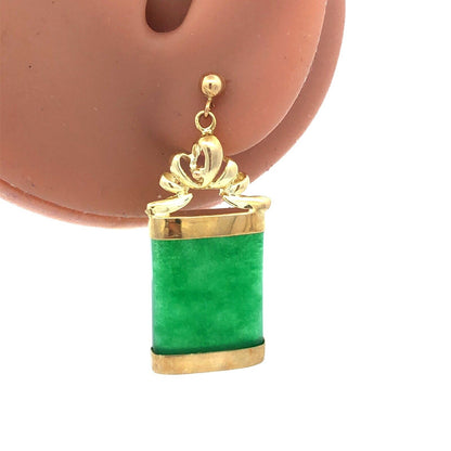 Estate 14K Yellow Gold Green Jade Rectangle Drop Dangle Stud Earrings