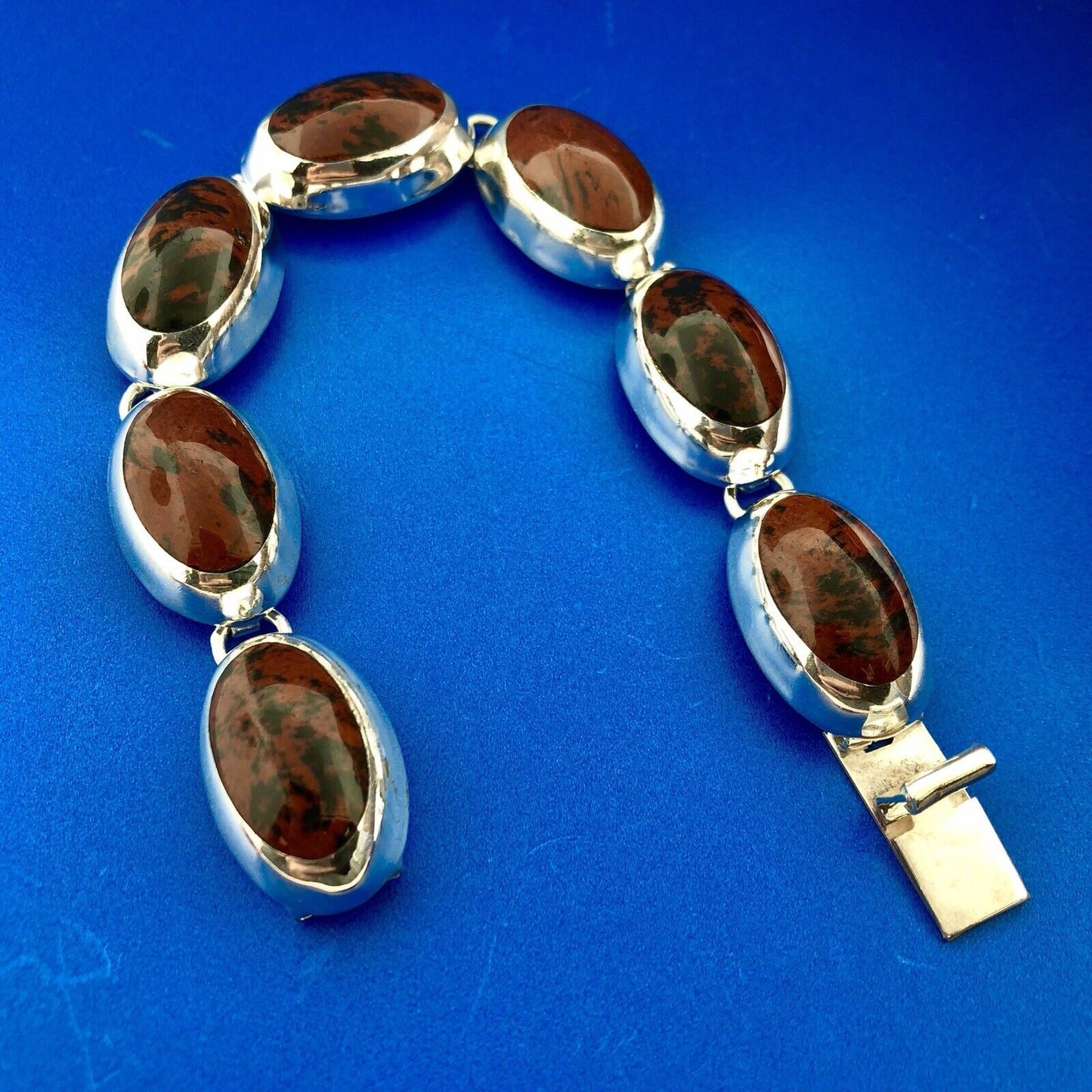 Taxco Mexico 925 Sterling Silver Oval Mahogany Obsidian Cabochon Panel Bracelet