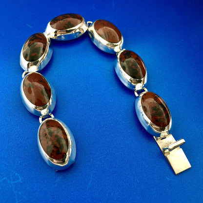 Taxco Mexico 925 Sterling Silver Oval Mahogany Obsidian Cabochon Panel Bracelet
