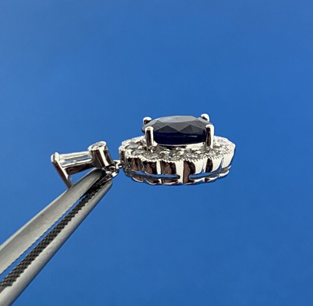 18K White Gold Sapphire Diamond Halo September Anniversary Pendant