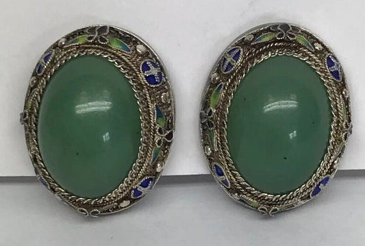 Vintage Artisan Sterling Silver Jade Cloisonne Filigree Statement Clip Earrings