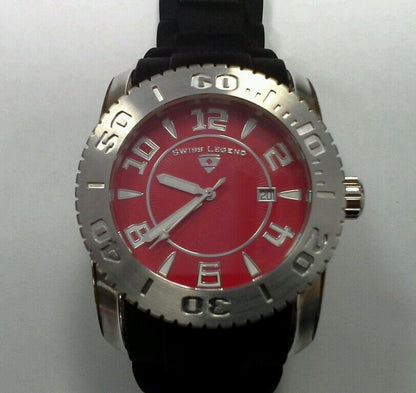 Swiss Legend Men Commander Stainless Steel Black Silicone Red Dial Watch 316L