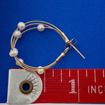 Estate JCM 14K Yellow Gold Pearl Station Three Wire Bridal Wedding Hoop Earrings