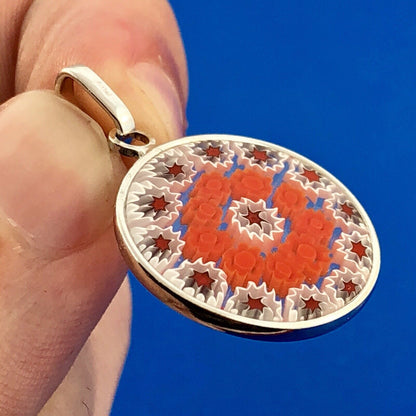 Vintage Italy Sterling Silver 925 Murano Millefiori Art Glass Disc Pendant