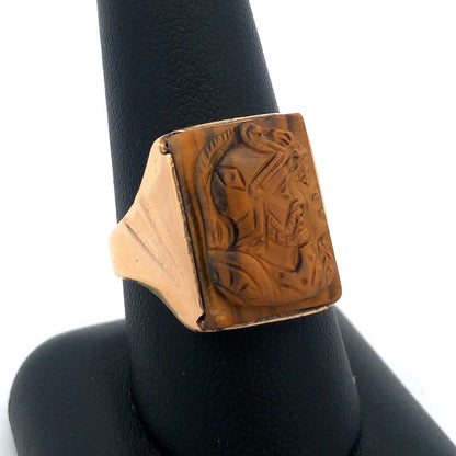 Vintage Men's 10K Yellow Gold Carved Intaglio Tiger's Eye Roman Textured Ring