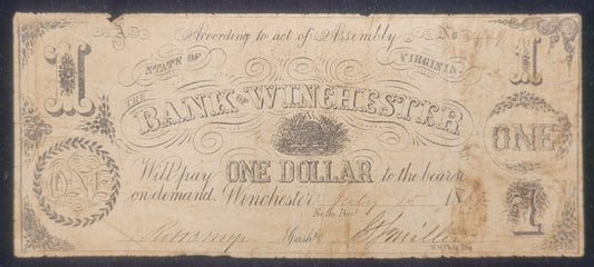 1861 $1 Bank of Winchester, Virginia Rare Obsolete Currency Paper Bank Note