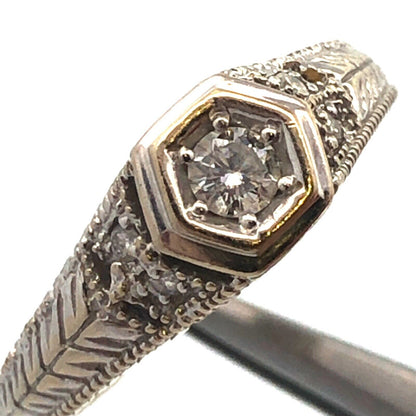 14k White Gold Round Solitaire Diamond W/Accents Art Deco Engagement Ring