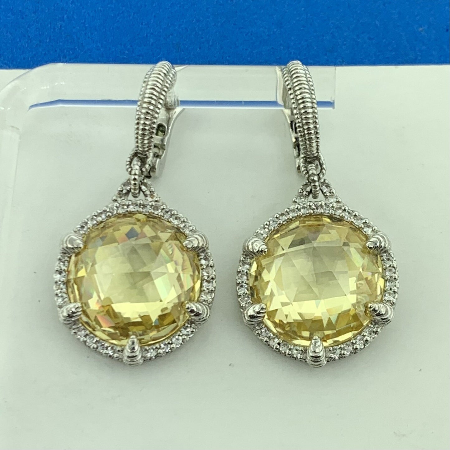 Judith Ripka 925 Sterling Silver 18K Gold Lemon Quartz Diamond Dangle Earrings