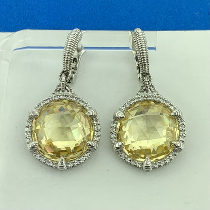 Judith Ripka 925 Sterling Silver 18K Gold Lemon Quartz Diamond Dangle Earrings