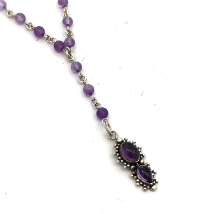 925 Sterling Silver Amethyst Beaded Pendant Necklace Lariat