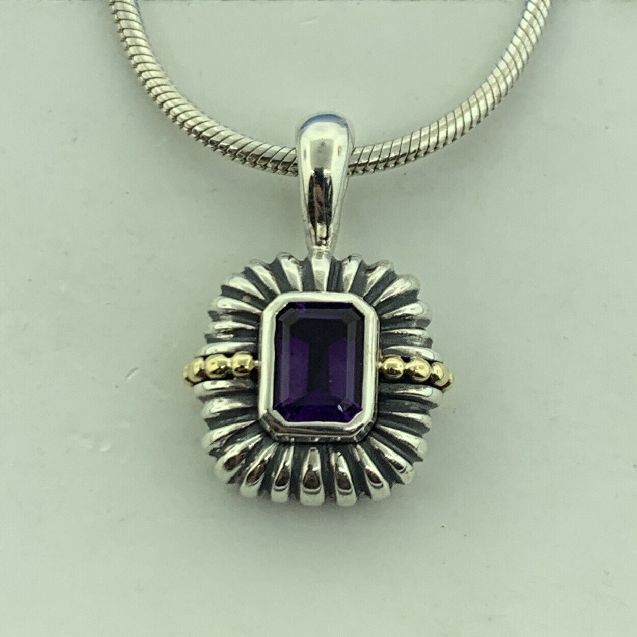 Stunning Sterling Silver 925 18k Trim Purple Amethyst Pendant 16" Chain Necklace