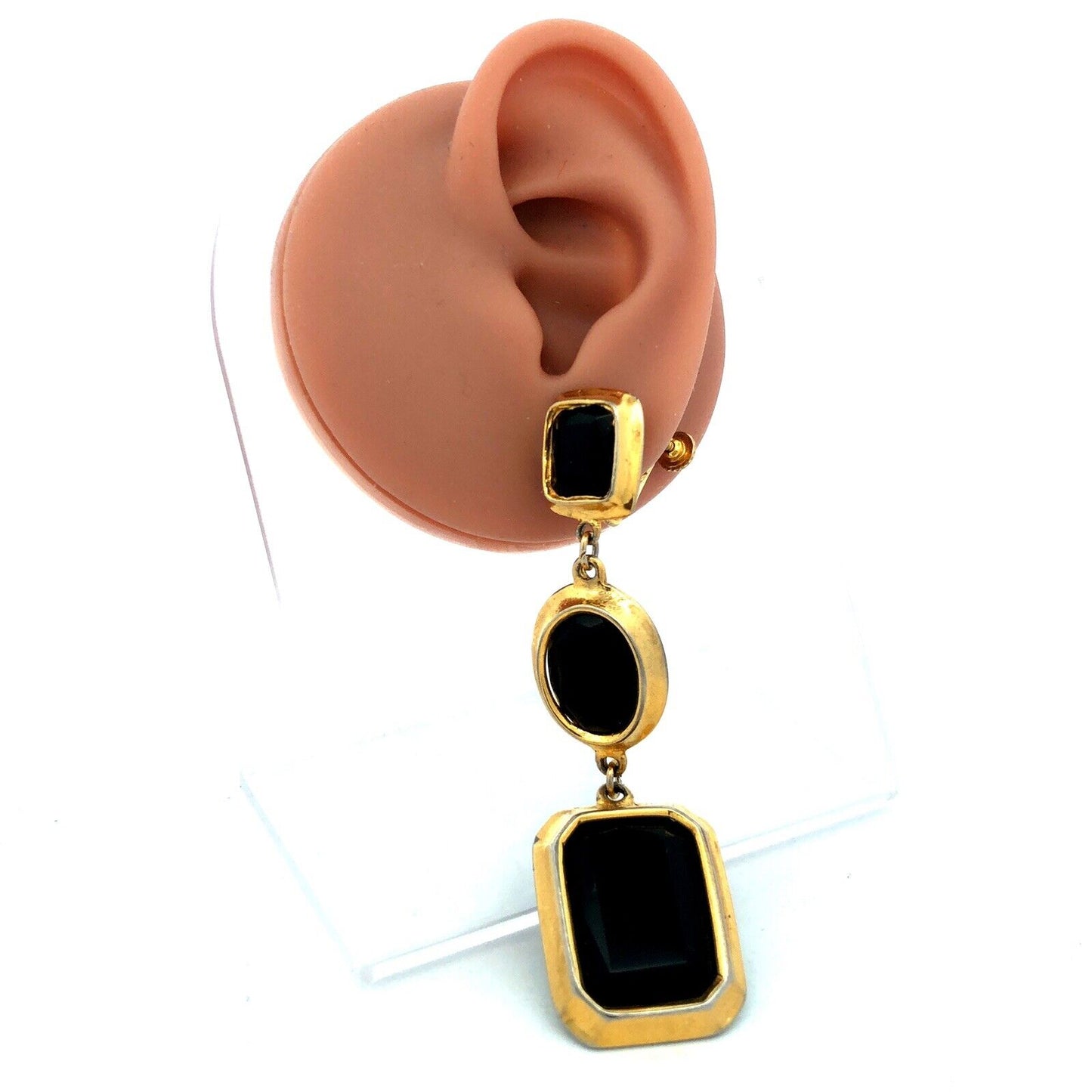 Vintage Runway Gold Tone Black Faceted Glass Statement Dangle Clip Earrings