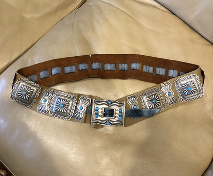 Susie James Navajo 925 Sterling Silver Leather Turquoise Concho Statement Belt