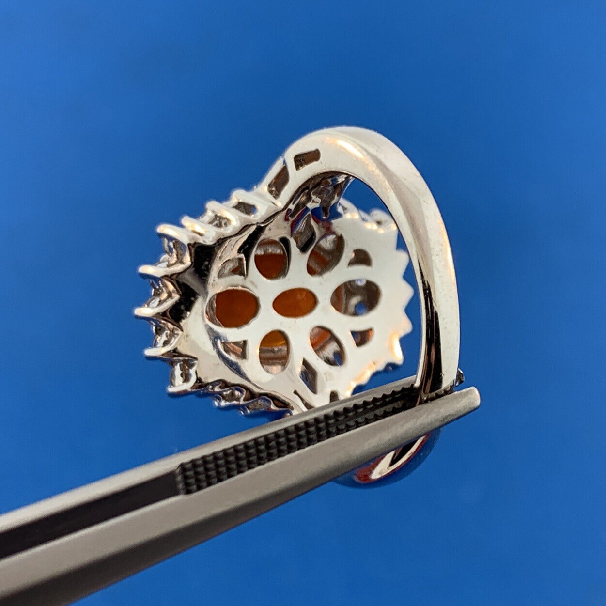 Designer 925 Sterling Silver Fire Opal White Topaz Halo Accented Cocktail Ring