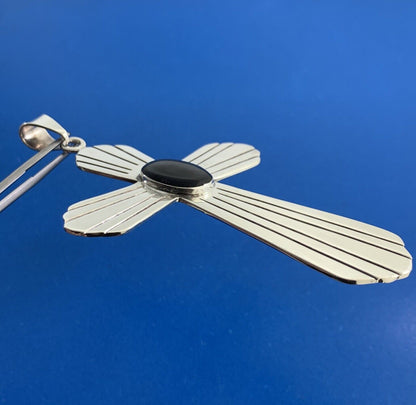 Taxco Mexico 925 Sterling Silver Black Onyx Large Ethnic Statement Cross Pendant