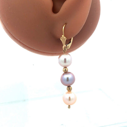 Designer 14K Yellow Gold Round Pink Pearl Beaded Dangle Earrings
