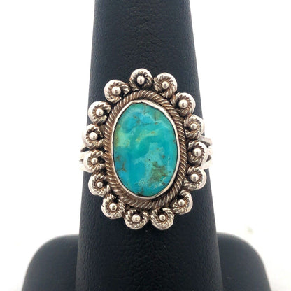 Vintage Native American Unsigned Sterling Silver Oval Turquoise Floral Bead Ring