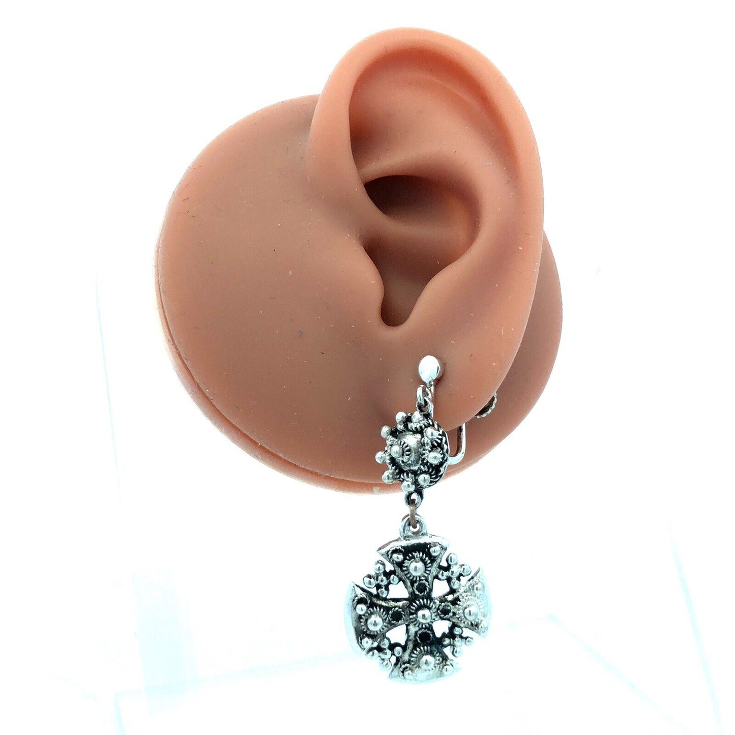 Vintage 900 Fine Silver Jerusalem Cross Detailed Clip On Dangle Earrings
