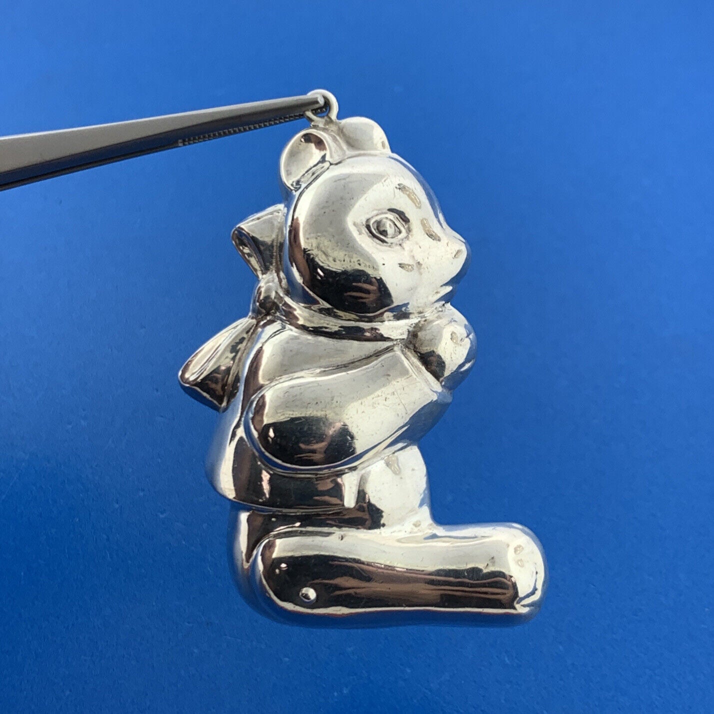 Puffy Sterling Silver 925 Teddy Bear Ribbon Animal Holiday Ornament
