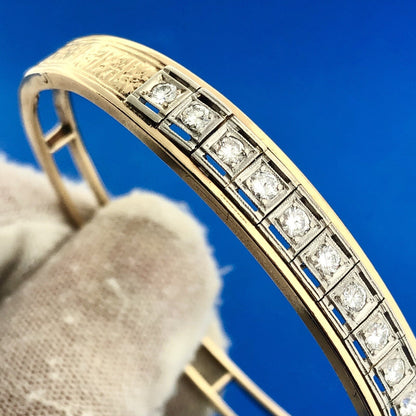 Art Deco Art Nouveaux 14K Yellow White Gold Diamond Ladder Hinged Cuff Bracelet