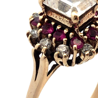 10K Yellow Gold ASC Emerald Cut White Tourmaline Ruby Halo Engagement Ring