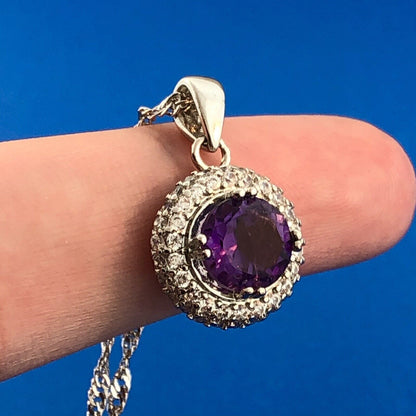 Gold Coast Platinum Plated Amethyst Diamond Button Statement Pendant Necklace