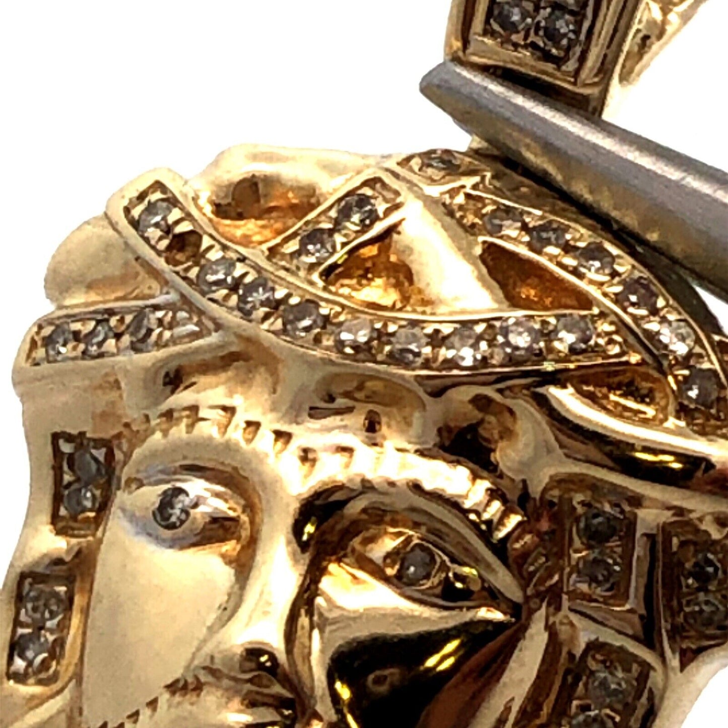14K Yellow Gold Diamond Jesus Christ Face Crown of Thorns Pendant