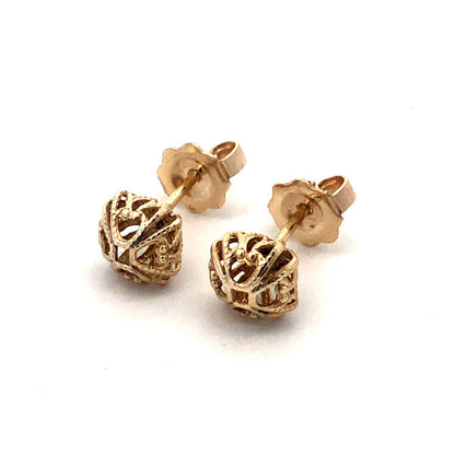 Estate 14K Yellow Gold Textured Open Work Dome Ball Stud Earrings