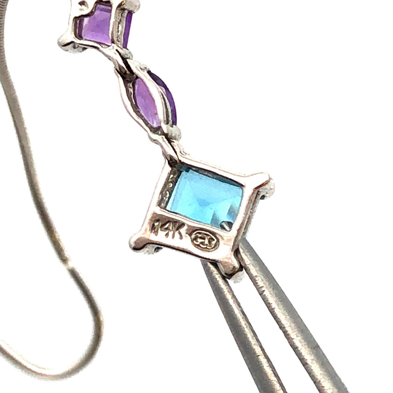 Designer 14K White Gold Blue Topaz and Amethyst Dangle Threader Earrings