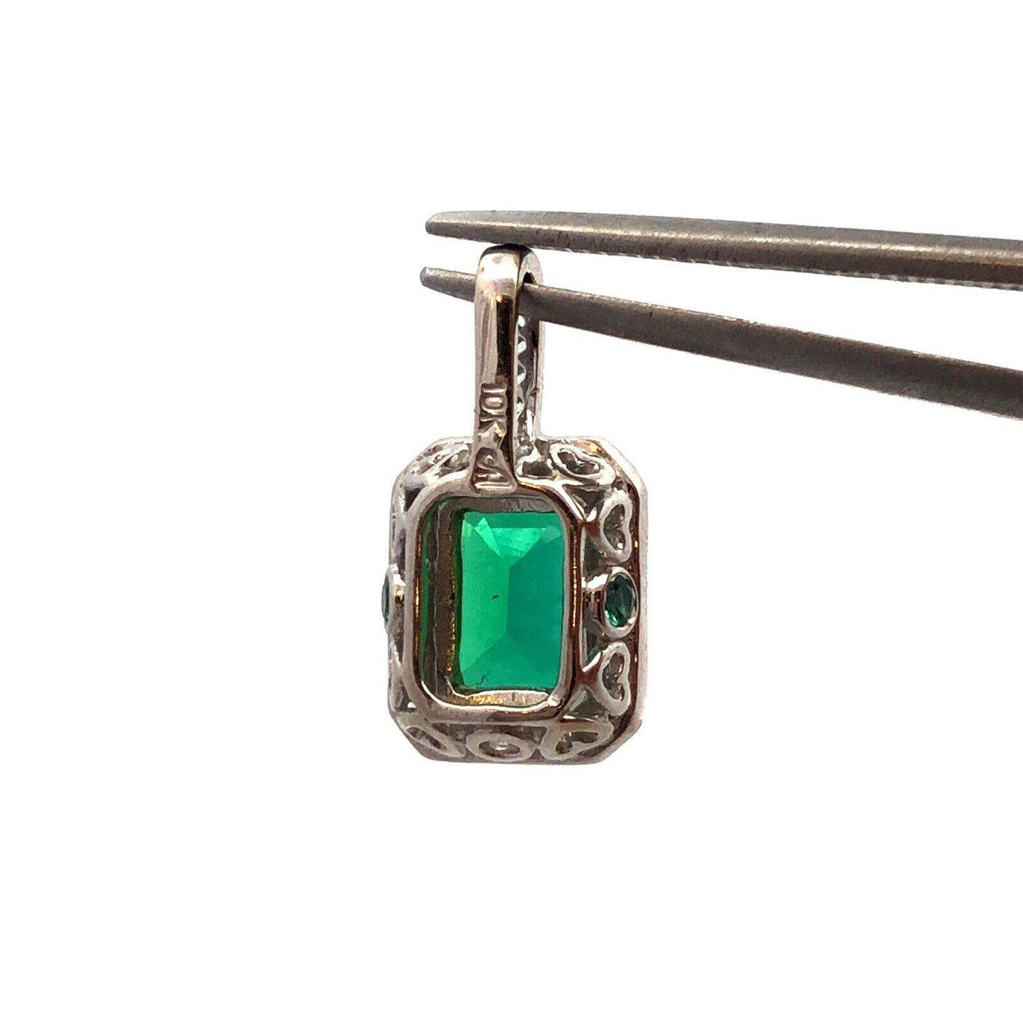 Designer A 10K White Gold Green Emerald Cut Emerald White Sapphire Halo Pendant