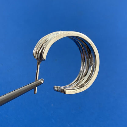 Sterling Silver 925 Wide Ribbon Textured Open Hoop Stud Earrings