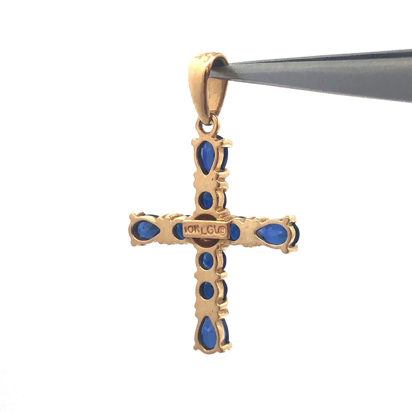 Gorgeous 10k Yellow Gold Blue Spinel Diamond Faith Religious Cross Pendant