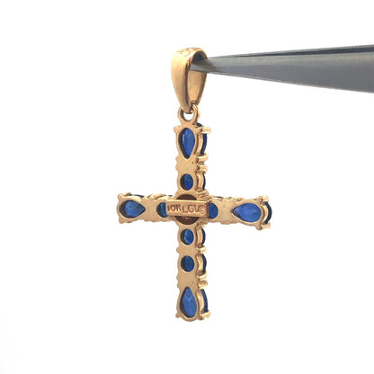 Gorgeous 10k Yellow Gold Blue Spinel Diamond Faith Religious Cross Pendant