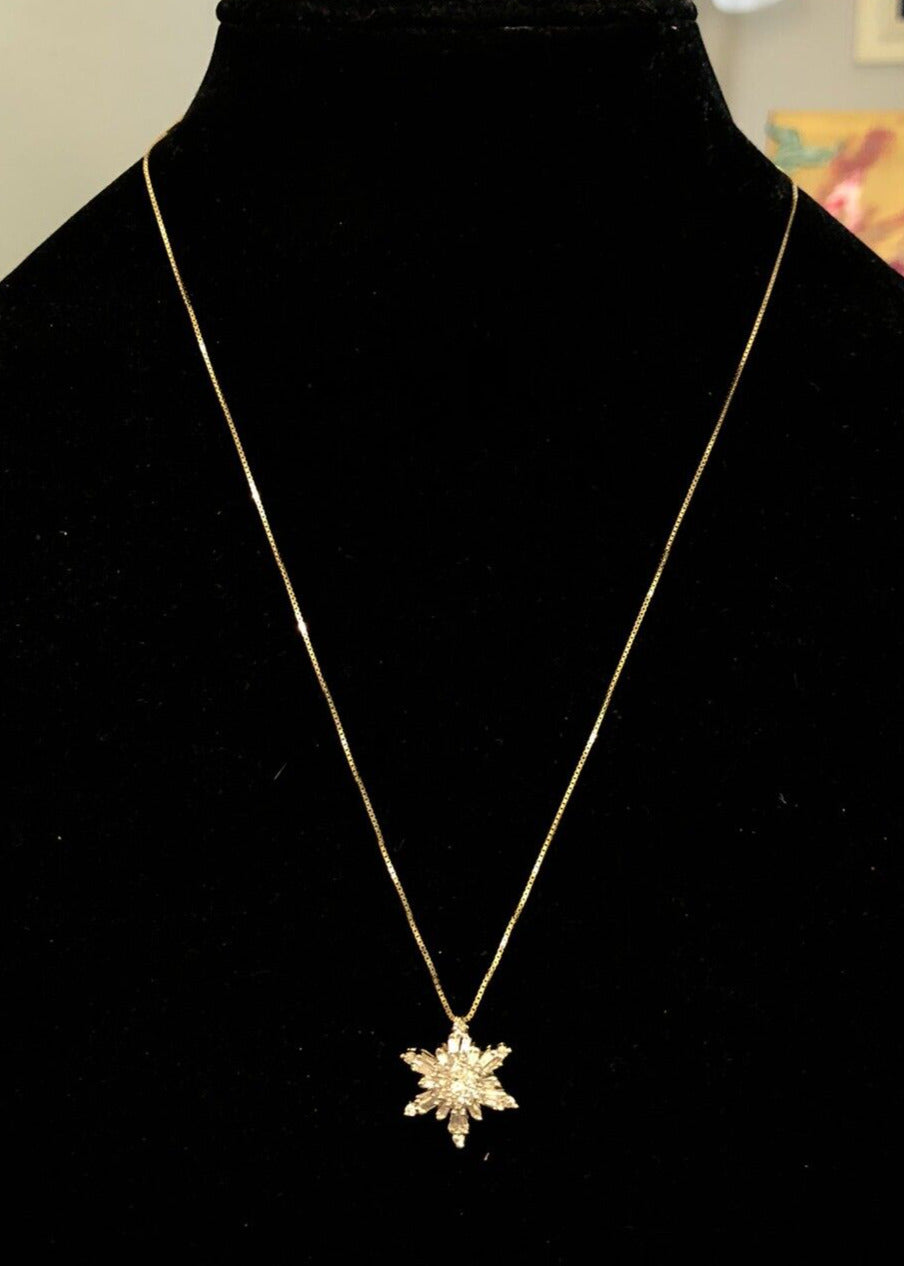 Designer AOL 14K Yellow Gold Baguette Diamond Cluster Snowflake Pendant Necklace