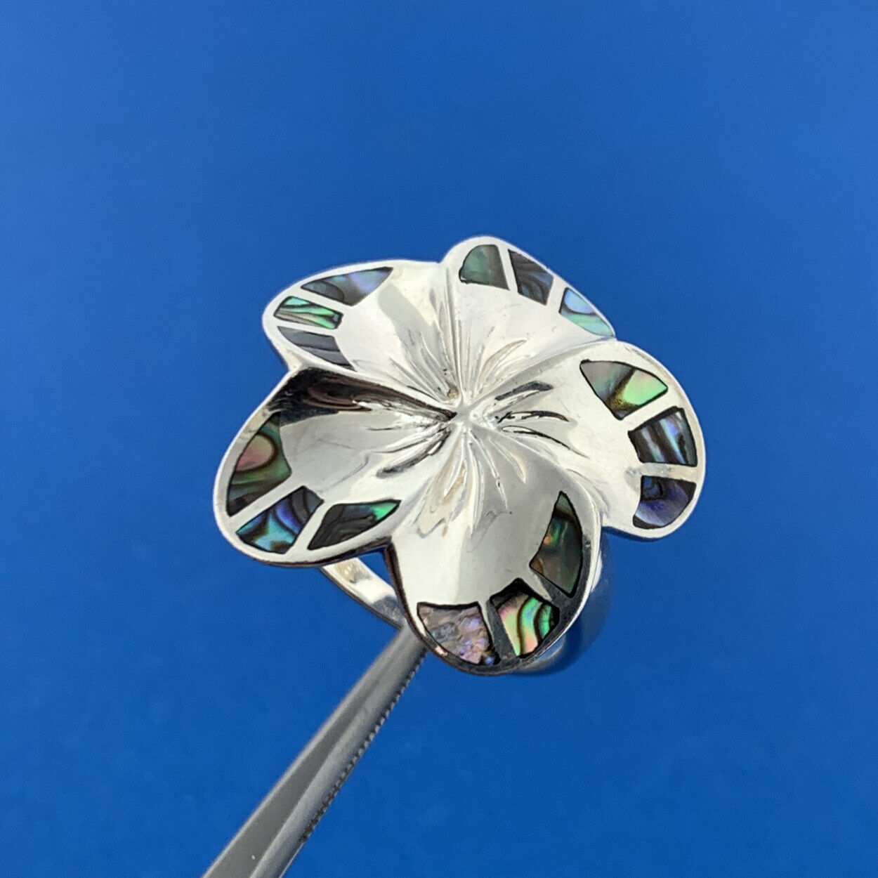 Designer 925 Sterling Silver Abalone Inlay Modernist Flower Statement Ring