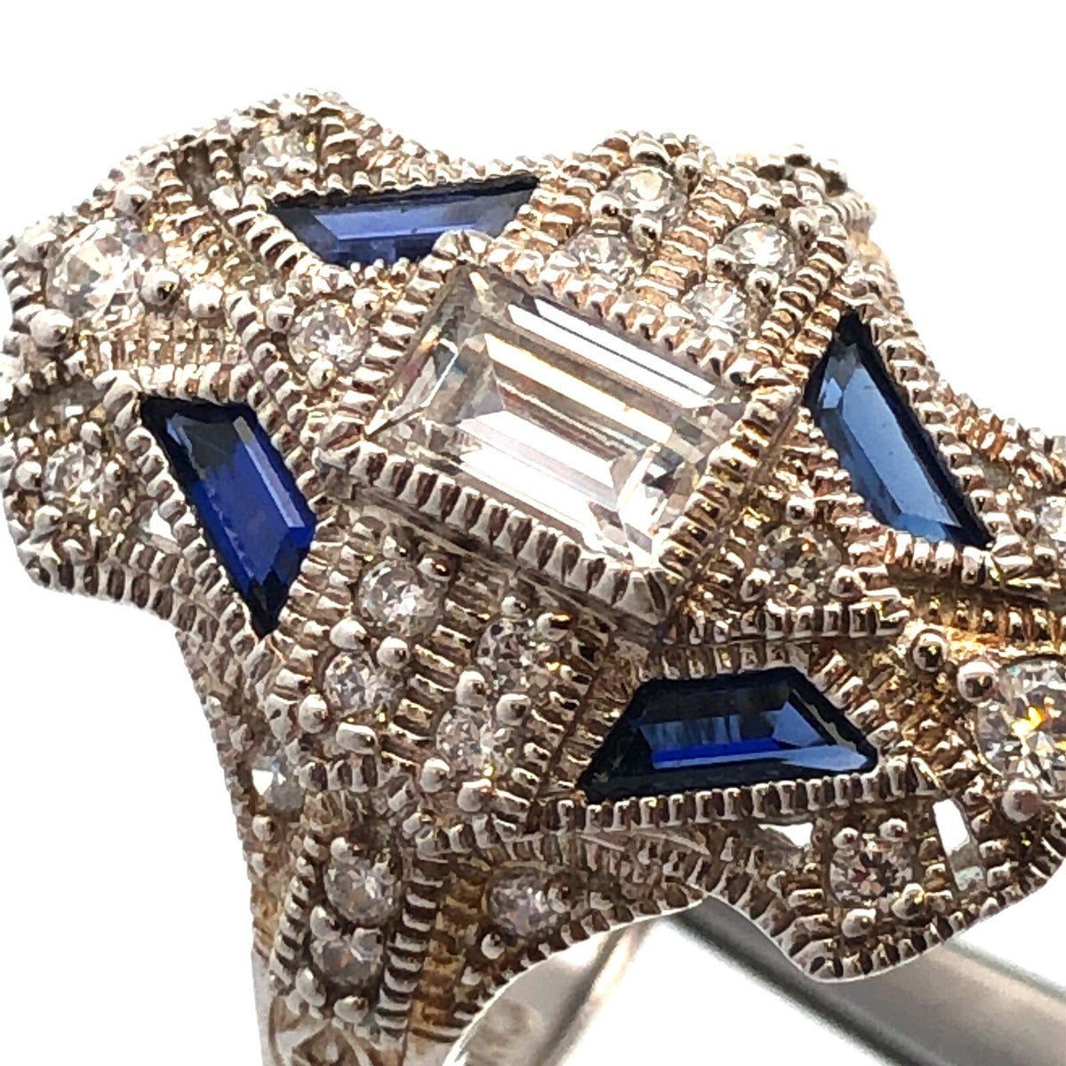 Art Deco Style 925 Sterling Silver Cubic Zirconia Blue Spinel Statement Ring
