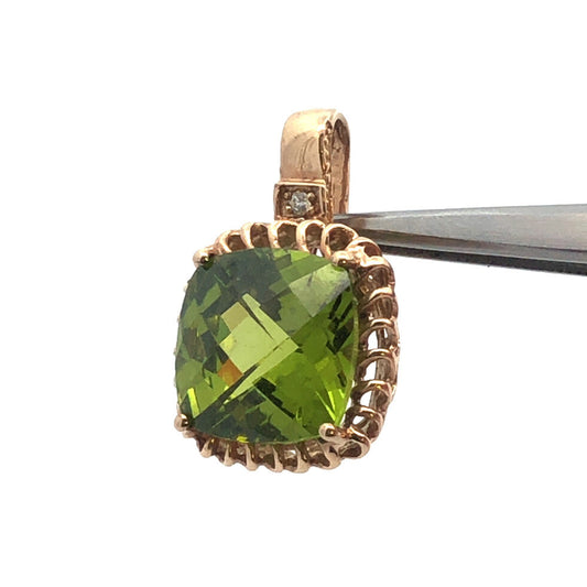 Gorgeous 14k Yellow Gold Cushion Chartreuse Green Sparkling CZ Statement Pendant