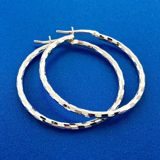 Stunning Sterling Silver 925 Textured 1.5" Hoop Earrings w/ Snap Closure