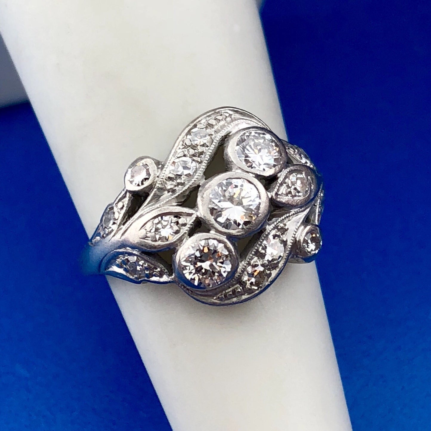 Art Nouveau Art Deco Platinum Diamond Floral Cluster Engagement Cocktail Ring