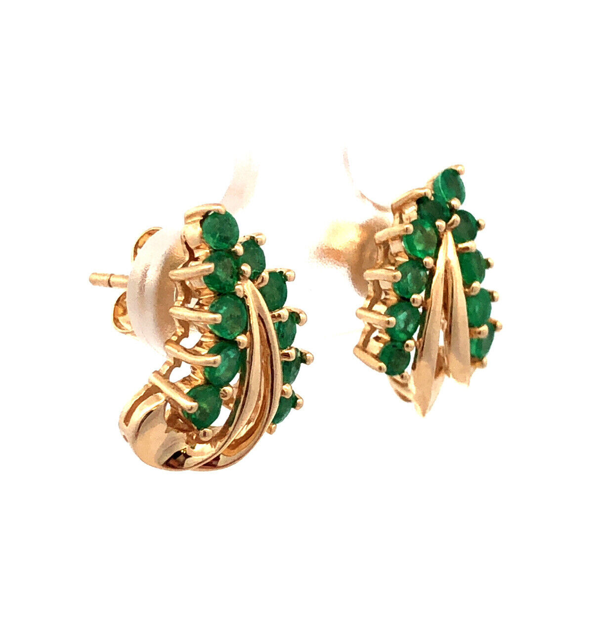 14K Yellow Gold Designer CET Round Green Emerald Leaf Statement Stud Earrings