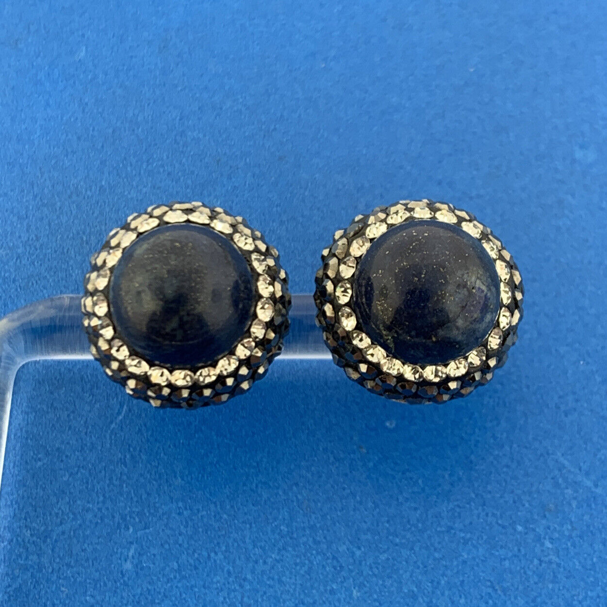 Retro Sterling Silver Lapis Lazuli Cubic Zirconia Marcasite Button Stud Earrings
