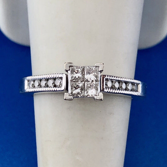 14k White Gold Ring Invisible Set Princess Diamonds Round Diamond Accents