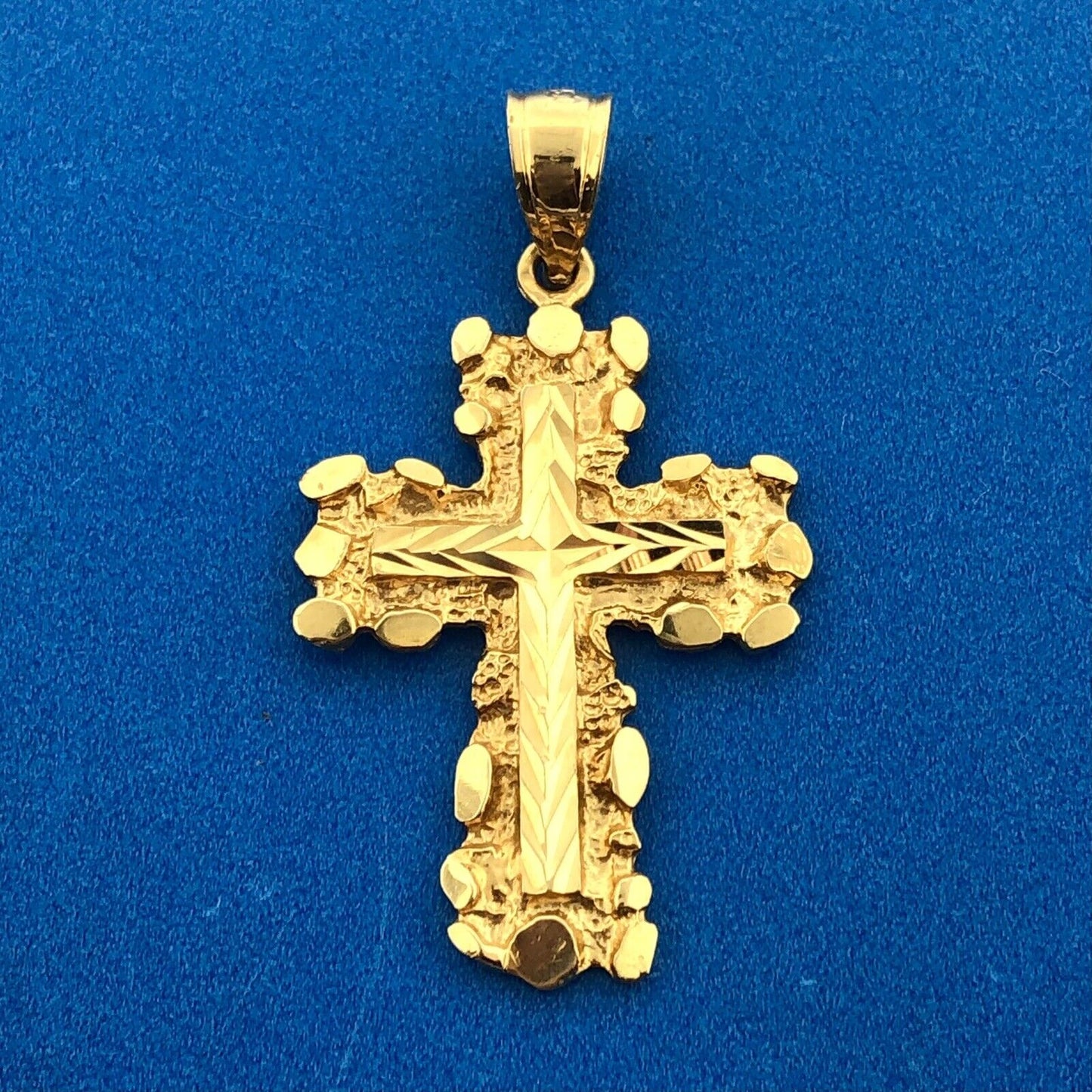 Retro 14K Yellow Gold Nugget Diamond Cut Cross Religious Communion Pendant
