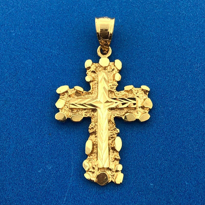 Retro 14K Yellow Gold Nugget Diamond Cut Cross Religious Communion Pendant