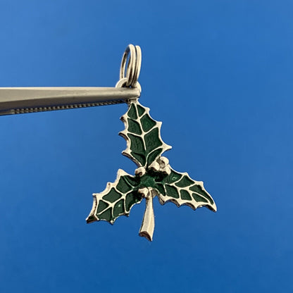 Vintage 925 Sterling Silver Green Enamel Holly Leaf Christmas Pendant Charm