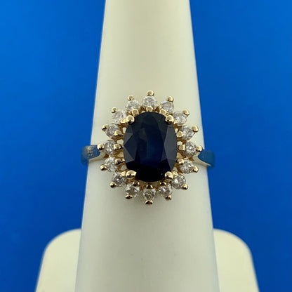 Designer 14K Yellow Gold Sapphire Diamond Halo September Anniversary Ring