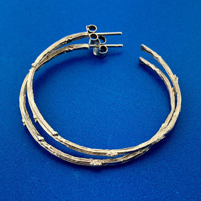 Sterling Silver 925 Bamboo Twig Nodule Textured Statement Hoop Earrings