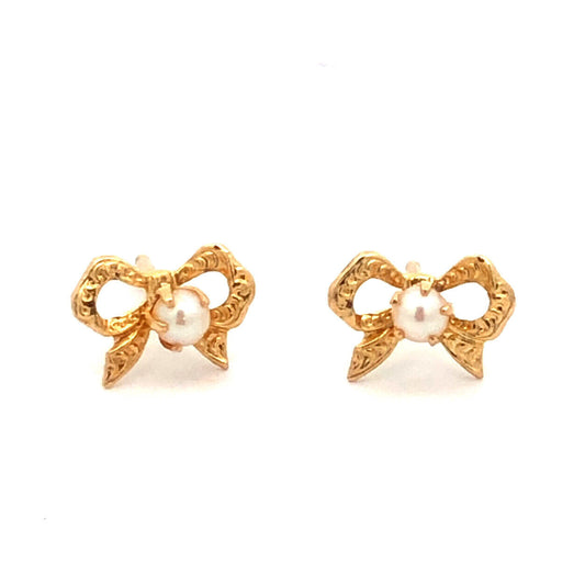 Estate 14K Yellow Gold Ribbon Bow  Stud Earrings